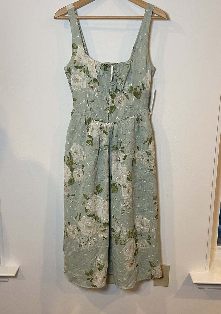 NWT Thirty Thirty Midi Dress Cottagecore Green Cream Floral Eyelet Large L New